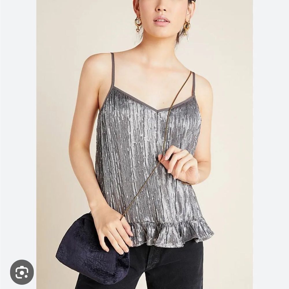 Anthropologie Sequined Cami Top Gray Silver Ruffle Hem . Sz. 12